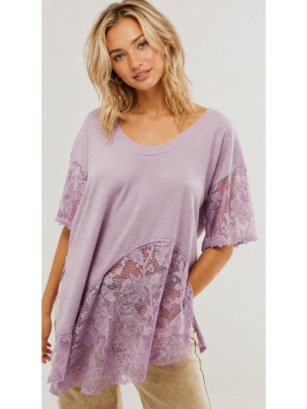 Free People Women's XS Lavender Lace Crochet Asymmetrical Short Sleeve Top